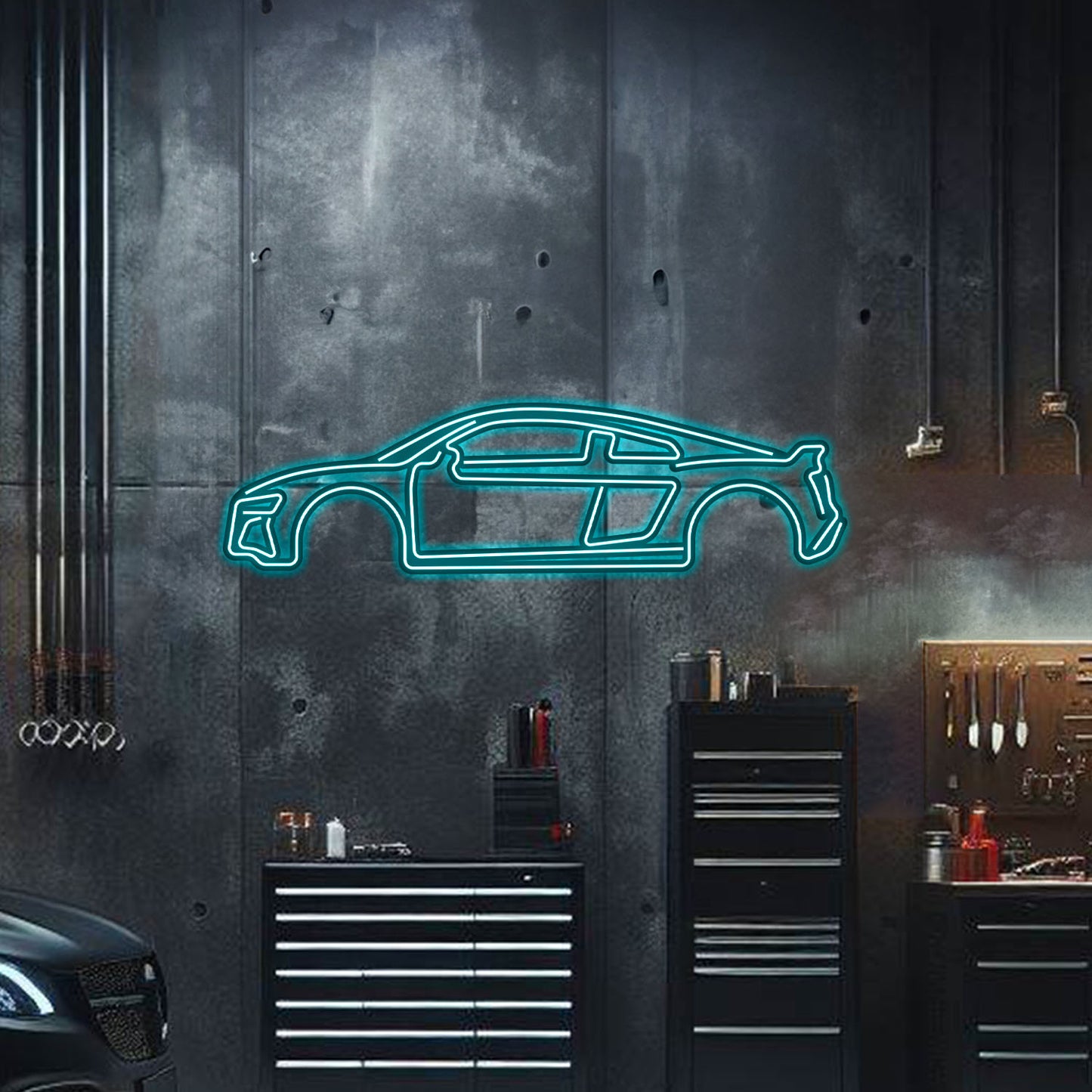 Precision laser-cut 3 mm steel Audi R8 silhouette with neon trim – premium performance car décor with depth effect
