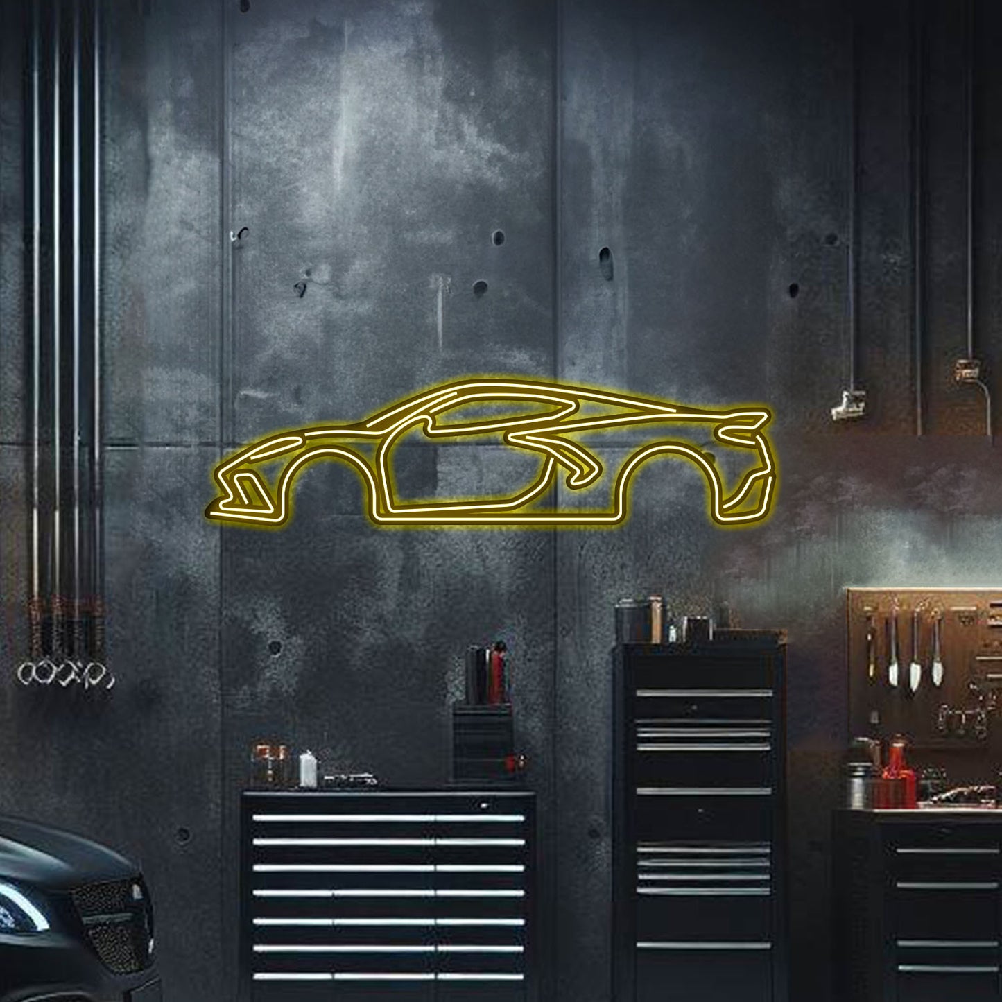 Custom Corvette C8 neon car art – textured, powder‑coated matte finish with elevation screws included, ideal gift for car enthusiasts
