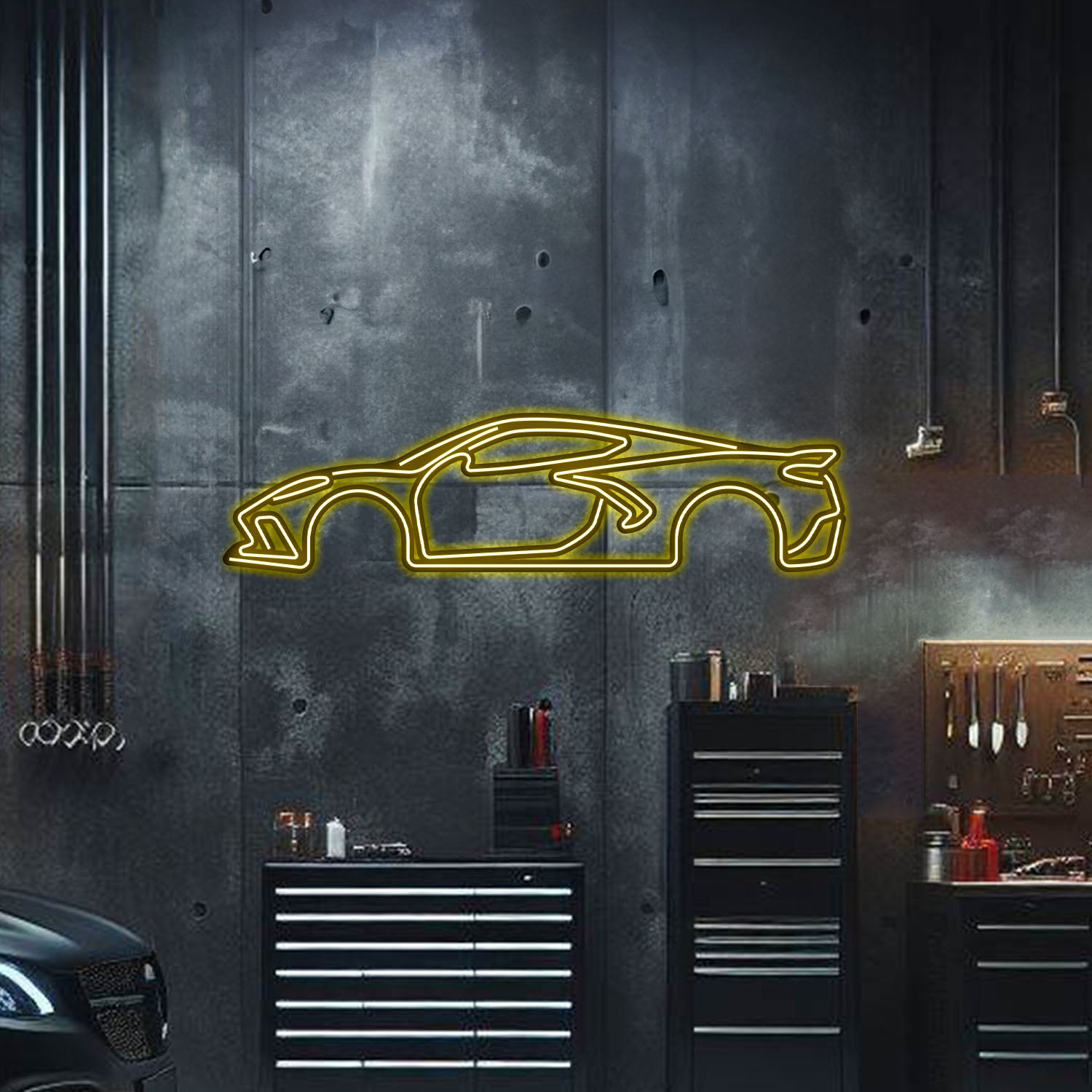 Custom Corvette C8 neon car art – textured, powder‑coated matte finish with elevation screws included, ideal gift for car enthusiasts
