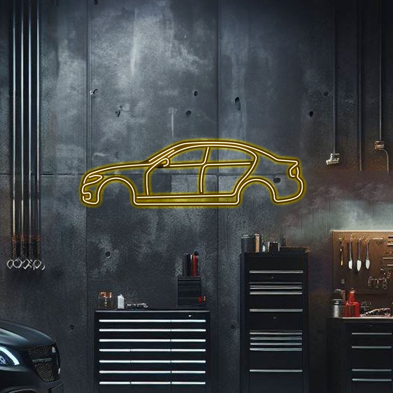 Custom BMW E90 neon car art – powder-coated matte finish with included elevation screws and power adapter, ideal gift for enthusiasts
