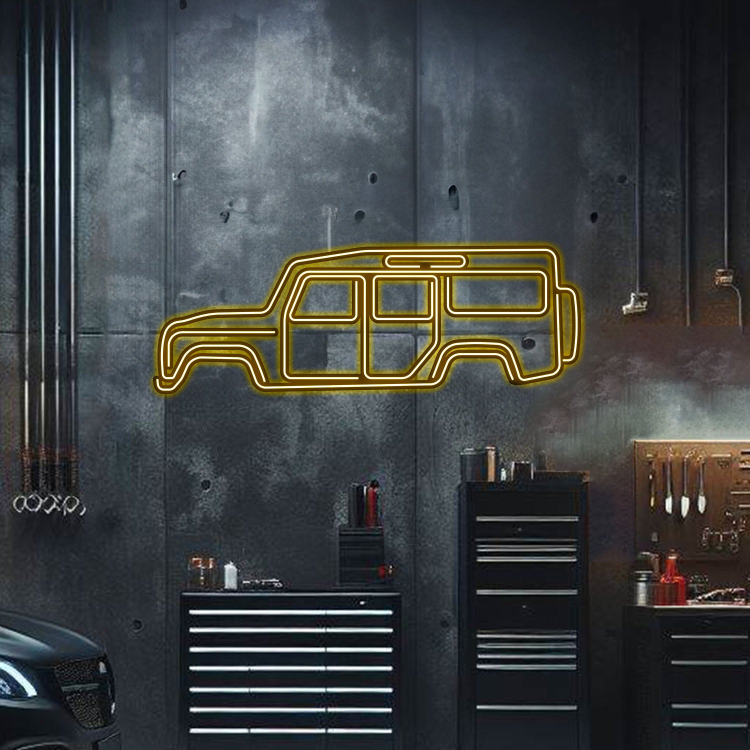 Custom Defender 110 neon car art – powder‑coated matte finish with included power adapter, ideal gift for Land Rover enthusiasts