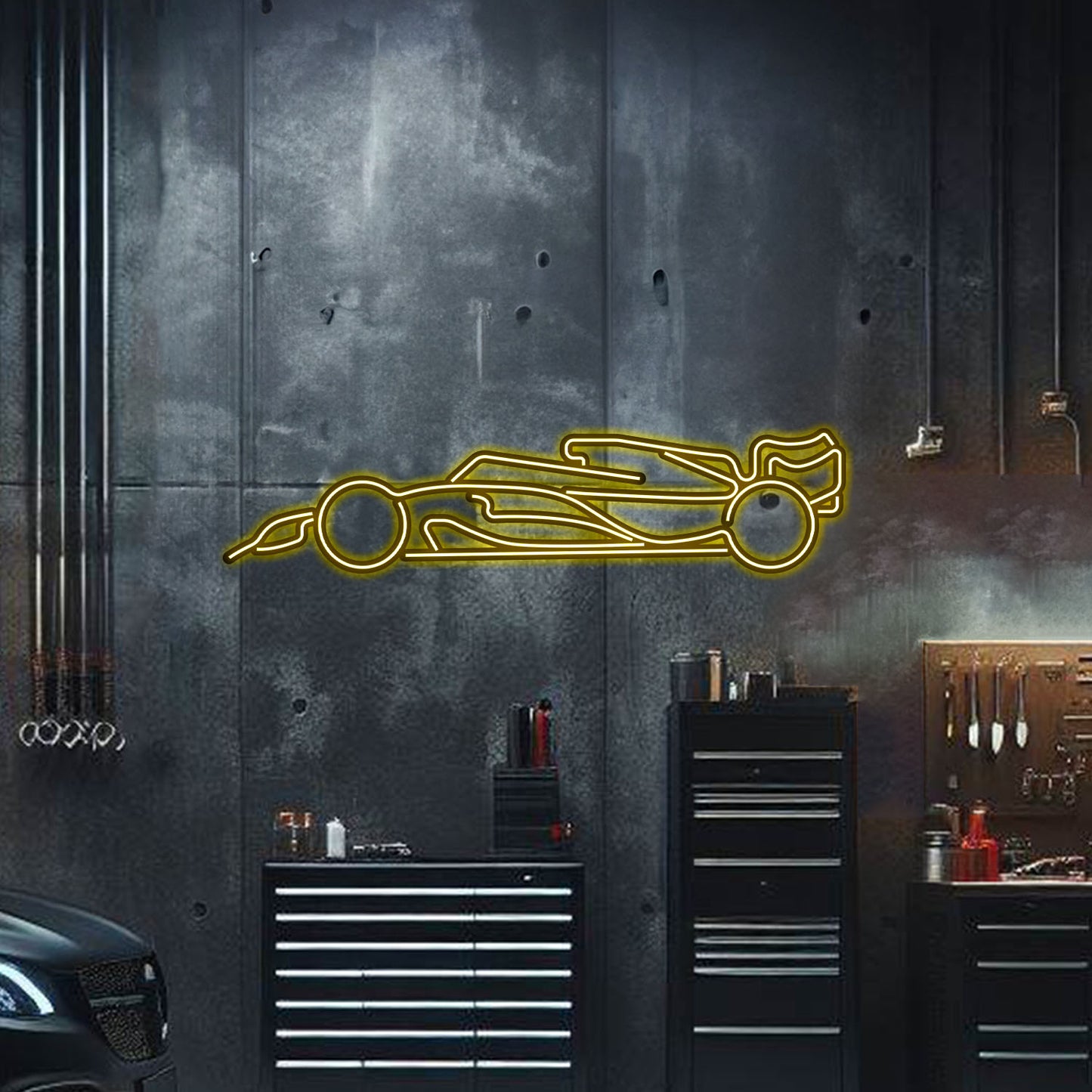 Custom F1 neon car art – textured, powder‑coated matte finish with elevation screws included, ideal gift for racing fans
