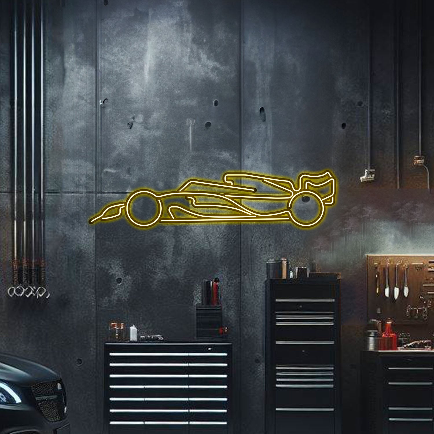 Custom F1 neon car art – textured, powder‑coated matte finish with elevation screws included, ideal gift for racing fans
