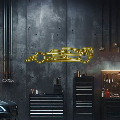 Custom F1 neon car art – textured, powder‑coated matte finish with elevation screws included, ideal gift for racing fans
