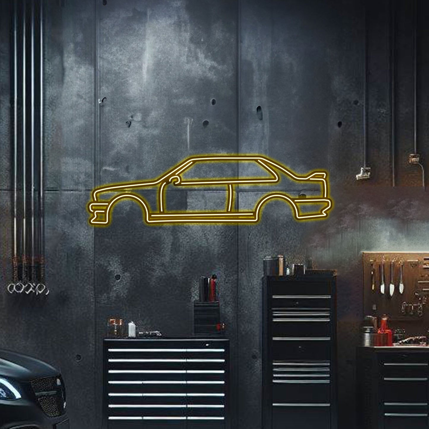 Custom BMW E30 neon car art – powder-coated matte finish with included power adapter and elevation screws, ideal gift for vintage car enthusiasts
