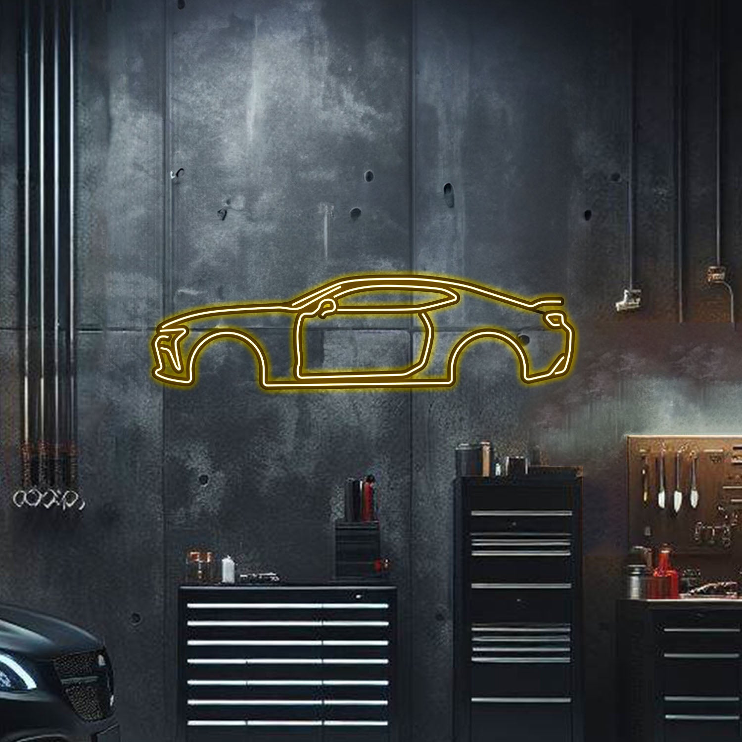Custom Camaro SS neon car art – textured powder-coated matte finish with elevation screws and power adapter—ideal gift for car enthusiasts
