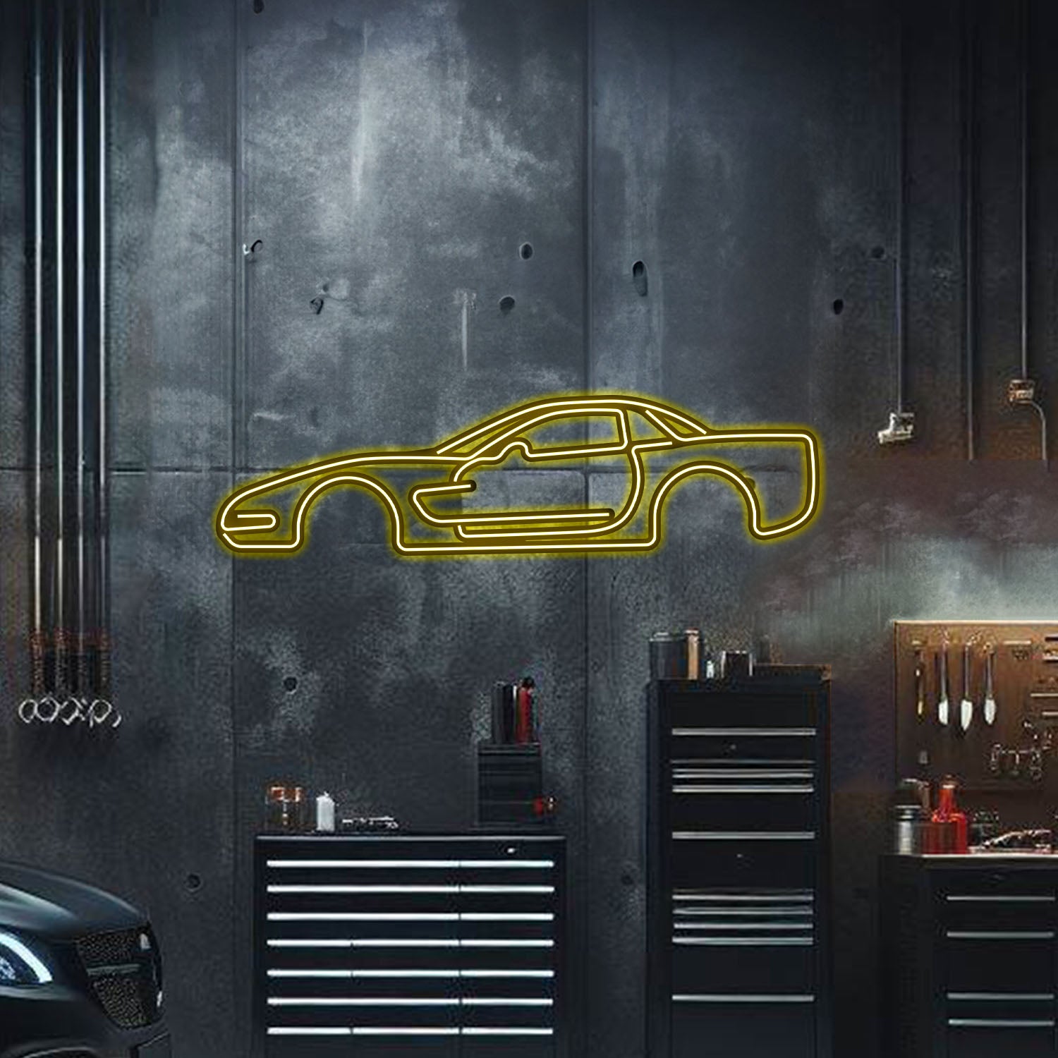 Custom Corvette C5 neon car art – textured powder-coated matte finish with elevation screws and power adapter included, ideal gift for car enthusiasts
