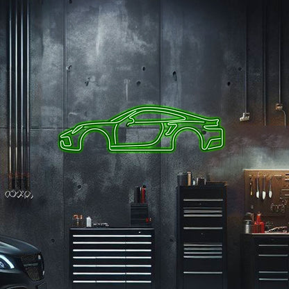 Powder-coated 911 Turbo S neon silhouette elevated with screws – motorsport-inspired wall décor for modern interiors