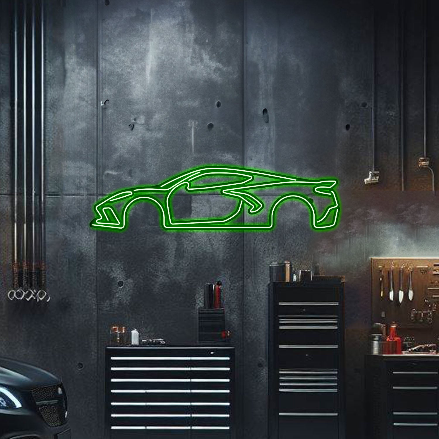 Powder‑coated Corvette C8 silhouette elevated with screws – motorsport‑inspired neon wall décor for modern interiors
