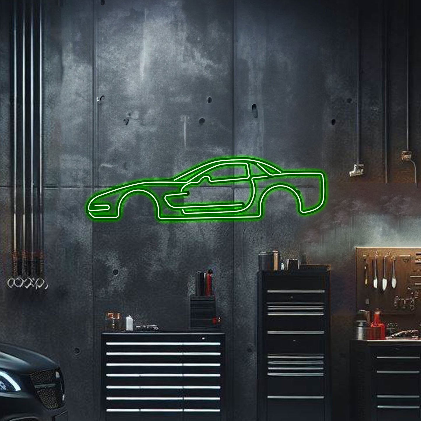Powder-coated Corvette C5 silhouette elevated with screws – motorsport-inspired neon wall décor for modern interiors
