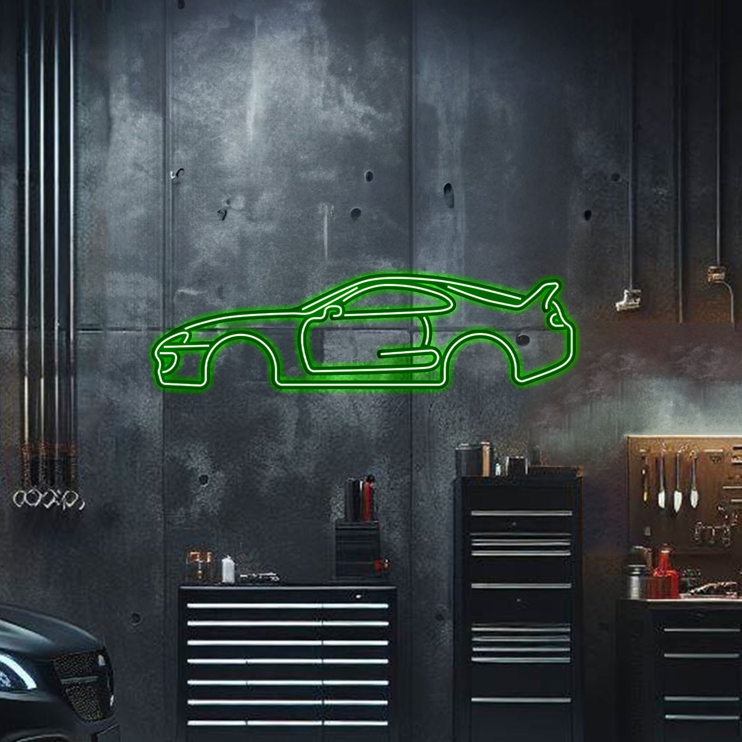 Powder‑coated Supra MK4 silhouette with matte finish and elevation screws – motorsport inspired neon décor