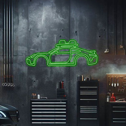 Powder‑coated 911 Dakar silhouette elevated with screws – motorsport inspired neon wall décor for living spaces