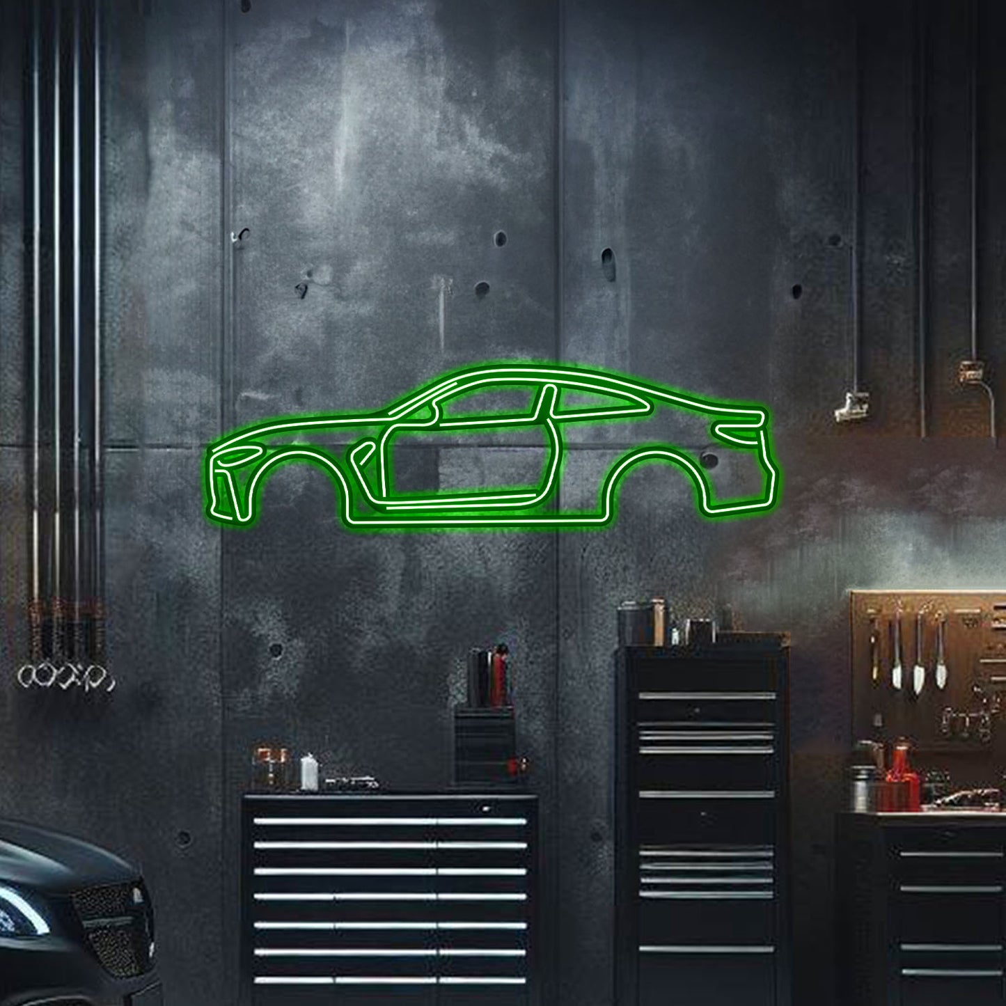 Powder-coated BMW M4 silhouette elevated with screws – motorsport-inspired neon wall décor for modern interiors