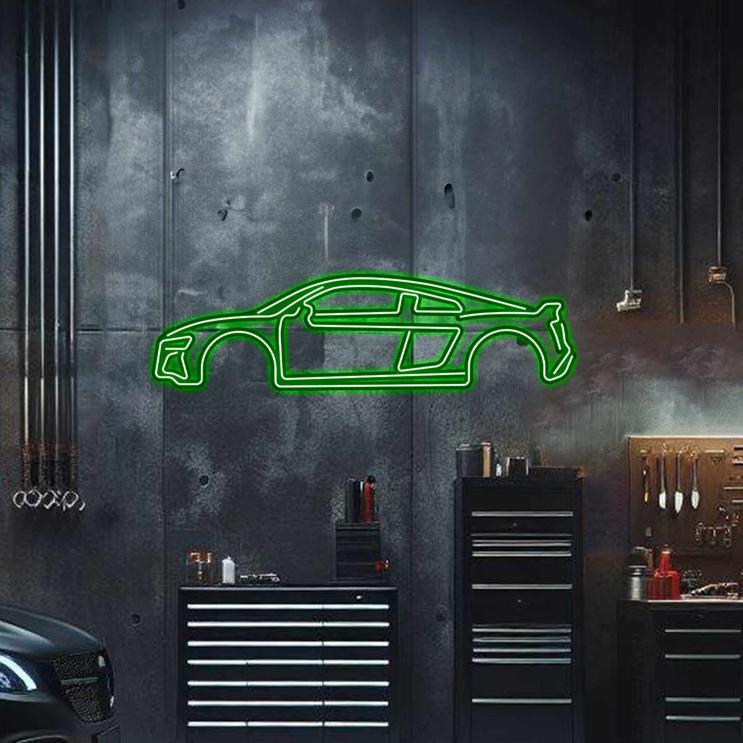 Powder-coated Audi R8 silhouette elevated with screws – motorsport-inspired neon wall décor for upscale interiors

