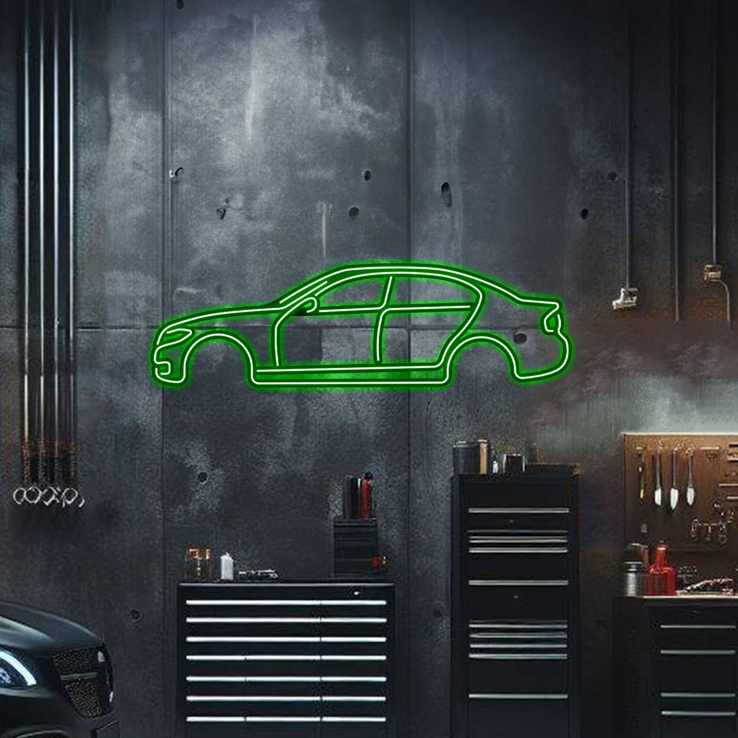 Powder-coated BMW E90 silhouette elevated with screws – motorsport-inspired neon wall décor for modern interiors

