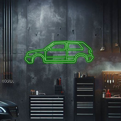 Illuminated Golf MK1 neon silhouette floating 1 cm off wall – stylish automotive décor piece