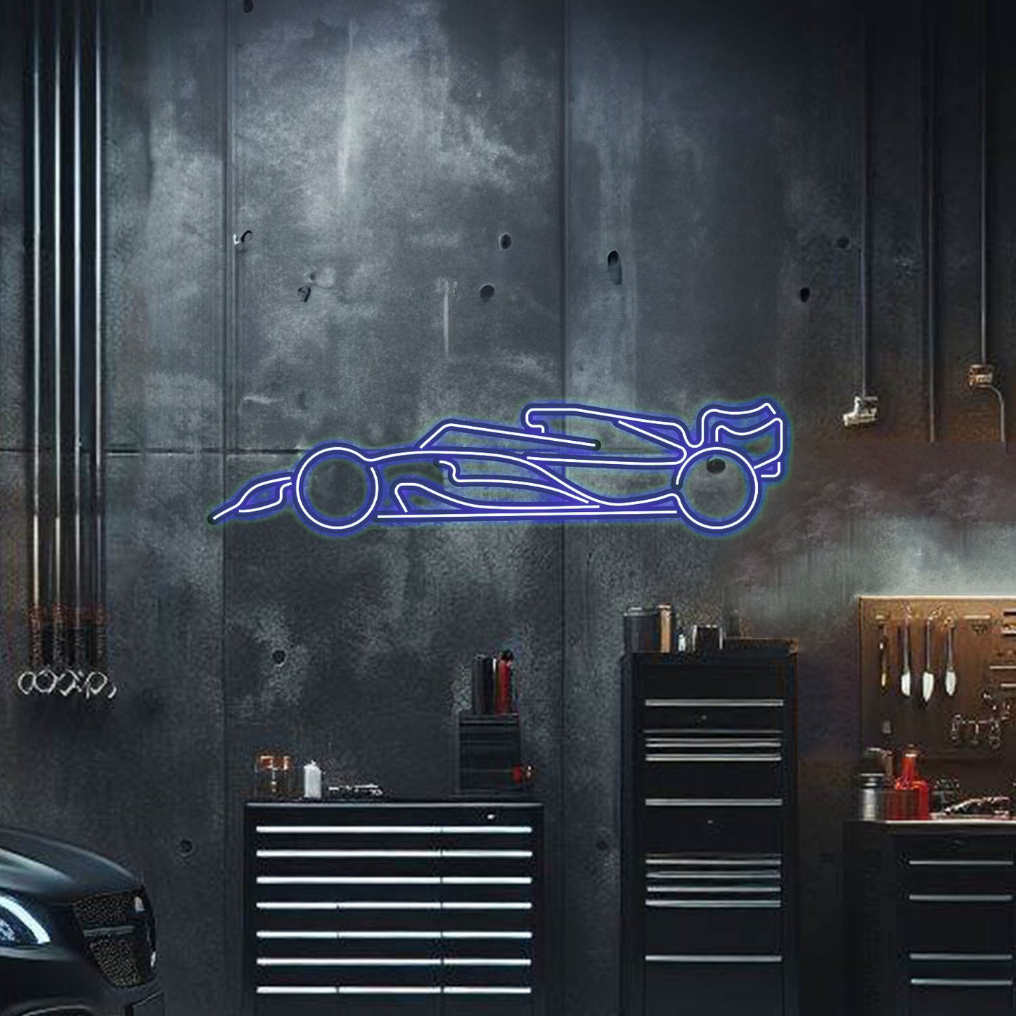 Powder‑coated F1 silhouette elevated with screws – motorsport‑inspired neon wall décor for modern interiors
