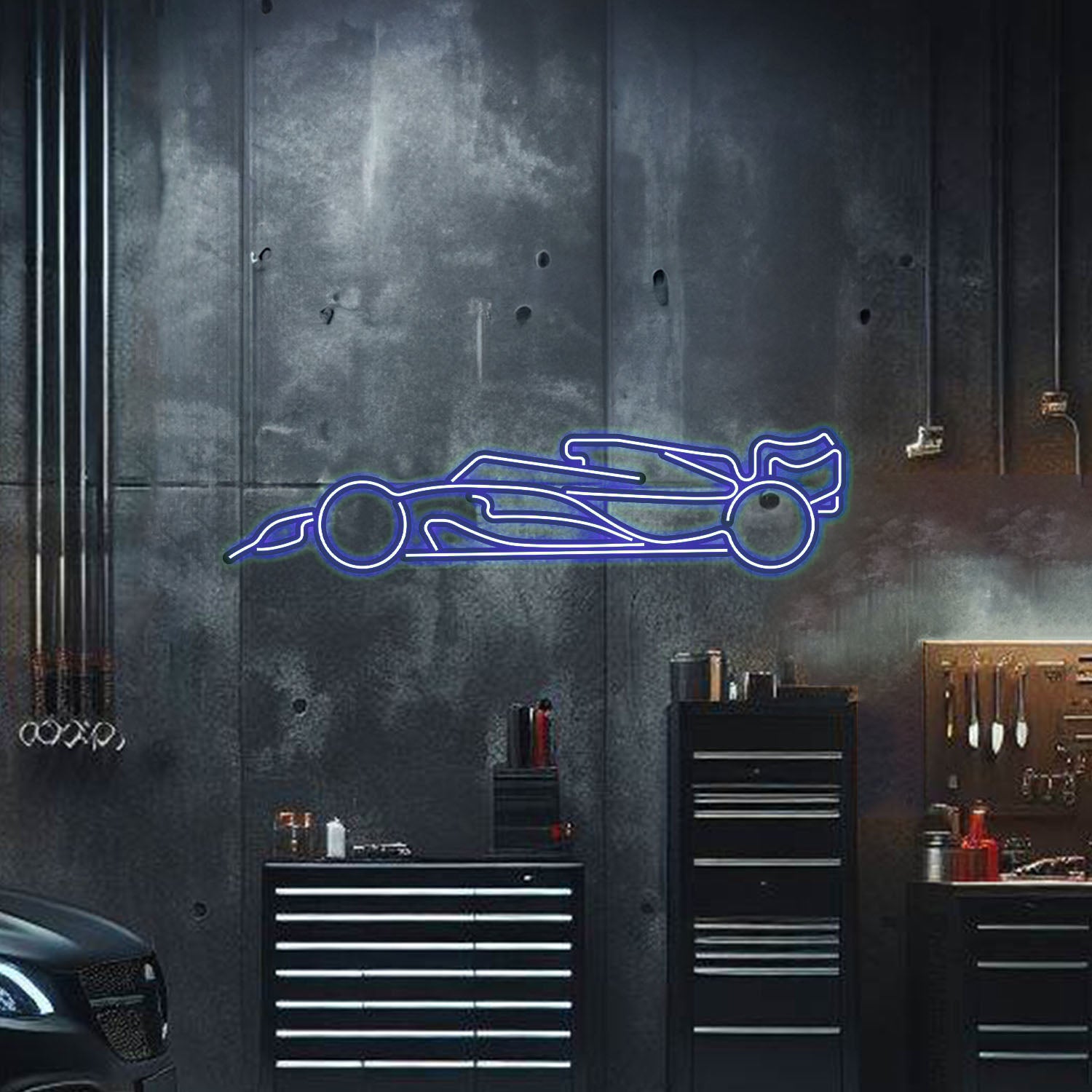 Powder‑coated F1 silhouette elevated with screws – motorsport‑inspired neon wall décor for modern interiors
