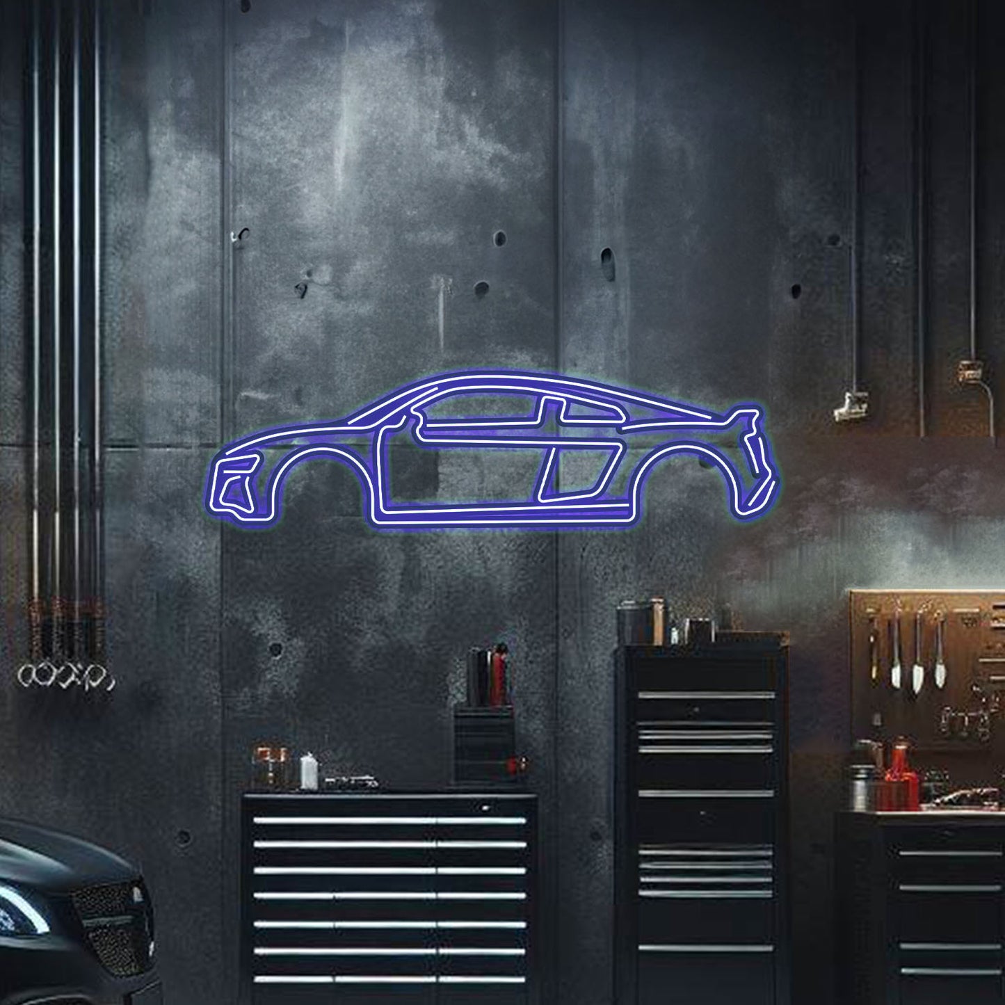 Ready-to-hang Audi R8 neon metal wall art – vibrant supercar accent for home, office, or showroom décor
