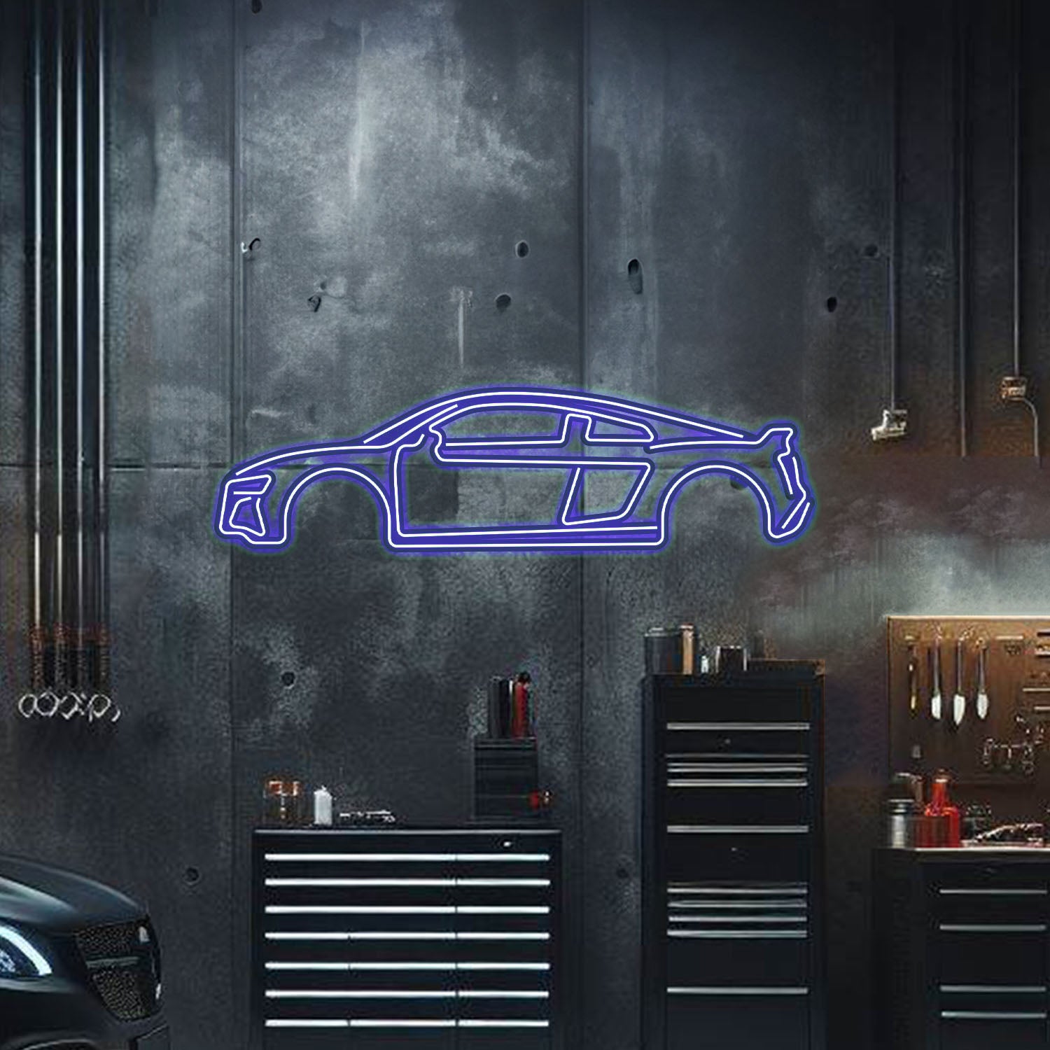 Ready-to-hang Audi R8 neon metal wall art – vibrant supercar accent for home, office, or showroom décor

