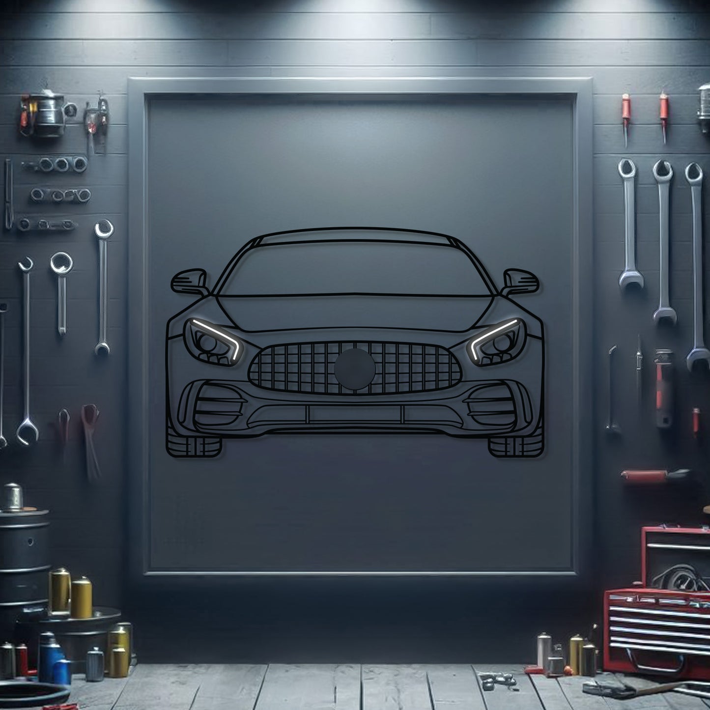 Mercedes‑AMG front view neon‑lit metal wall art – high‑quality design with subtle 3D elevation effect