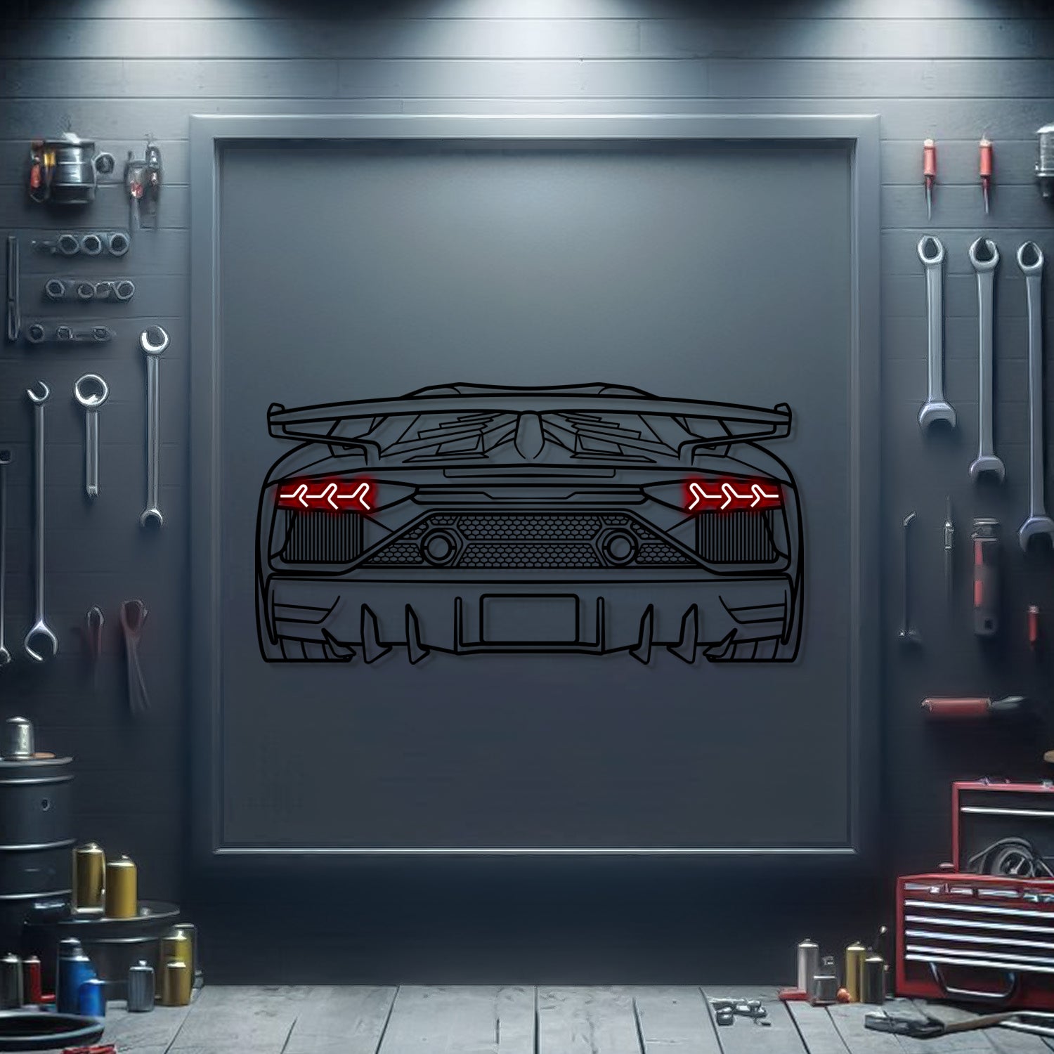 Aventador SJ back operated-door silhouette neon wall art – ready‑to‑hang performance car décor for garage, office, or loft