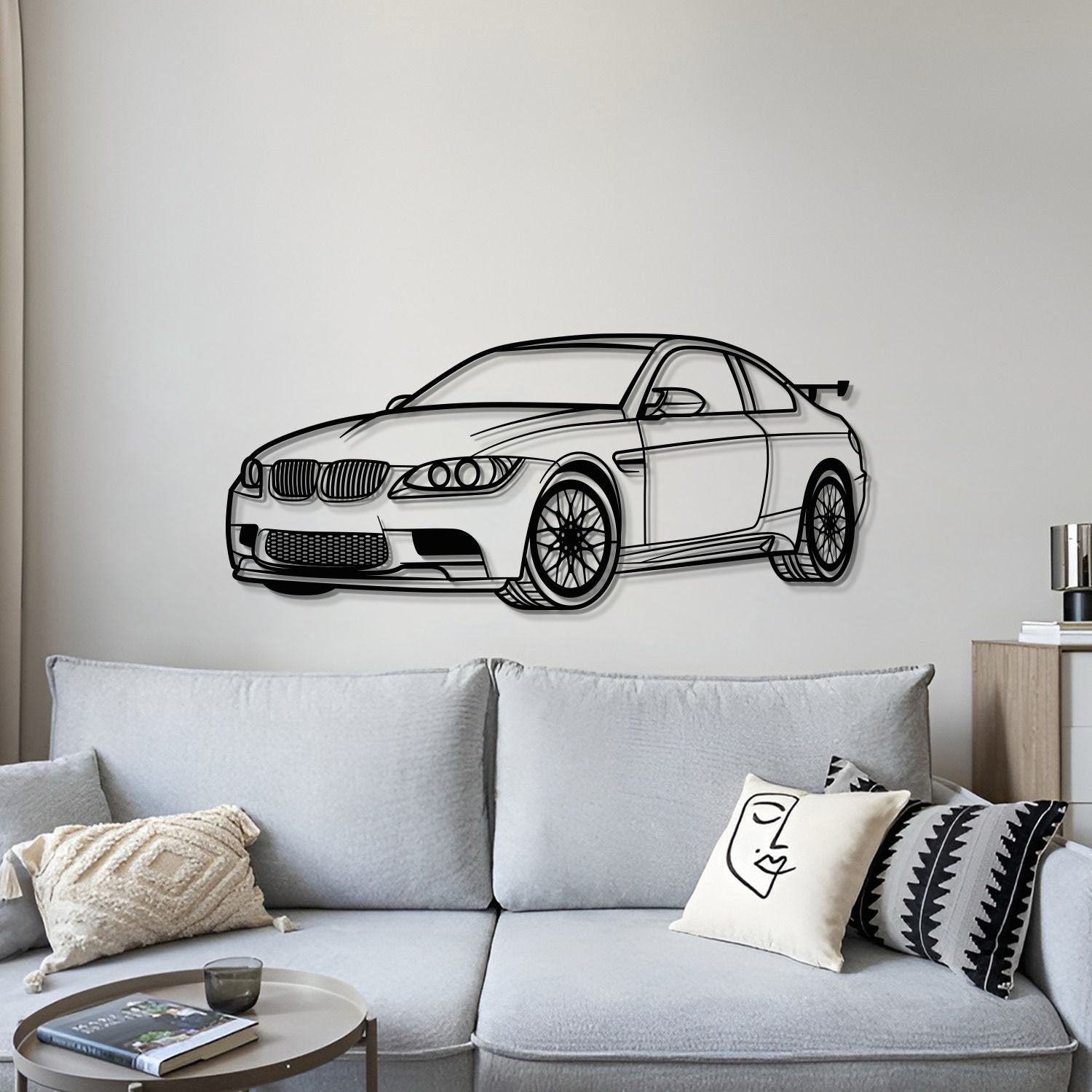 Modern BMW E92 M3 perspective wall hanging in textured black steel