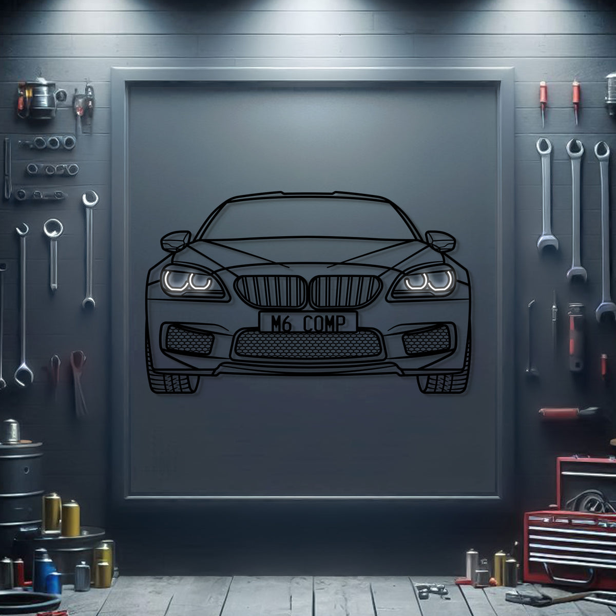 BMW M6 Competition 2015 front view neon car wall sculpture – sleek industrial décor for modern interiors