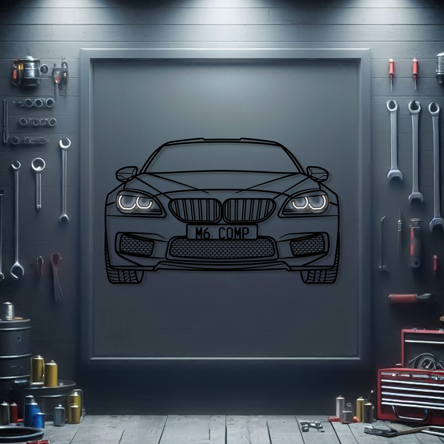 BMW M6 Competition 2015 front view neon car wall sculpture – sleek industrial décor for modern interiors