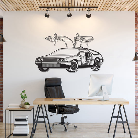 DeLorean DMC‑12 perspective metal wall art – laser‑cut 2 mm textured steel with brushed stainless finish