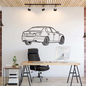 BMW E60 back view perspective metal wall art – laser‑cut 2 mm textured steel with matte powder‑coat finish