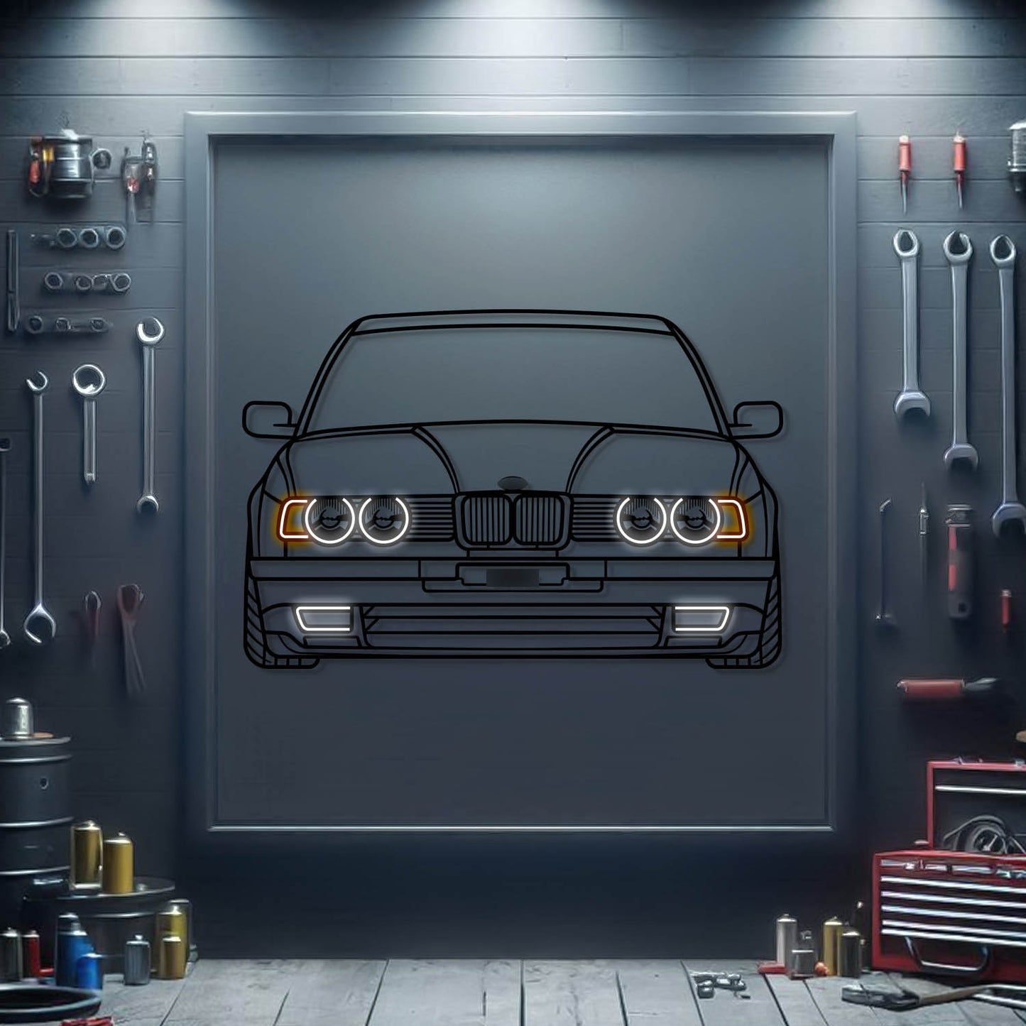 BMW E34 front view neon car wall sculpture – sleek industrial décor for modern living spaces