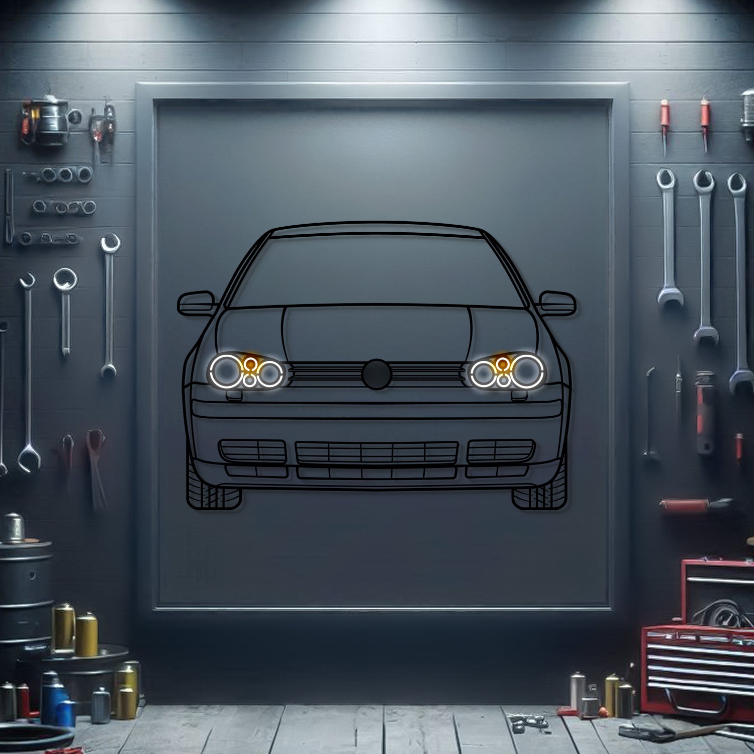 Volkswagen Golf 4 front silhouette neon wall art – ready‑to‑hang European hatchback décor for garage or living room