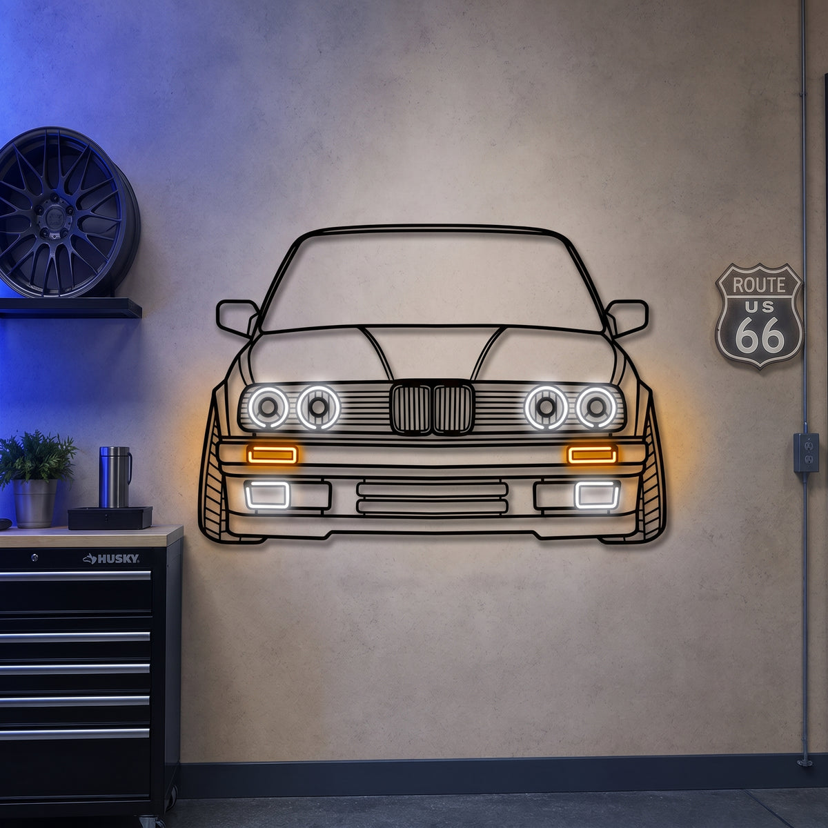E30 Front View Metal Neon Car Wall Art - MTN0081