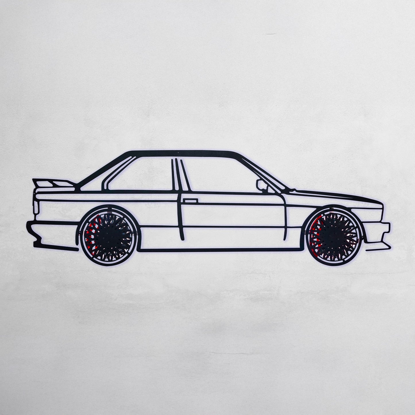 E30 M3 Wall Art – Classic Steel Silhouette with Spinning Wheels -KAFMEKA013