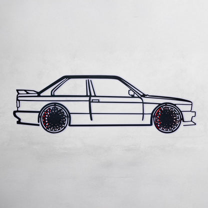 E30 M3 Wall Art – Classic Steel Silhouette with Spinning Wheels -KAFMEKA013