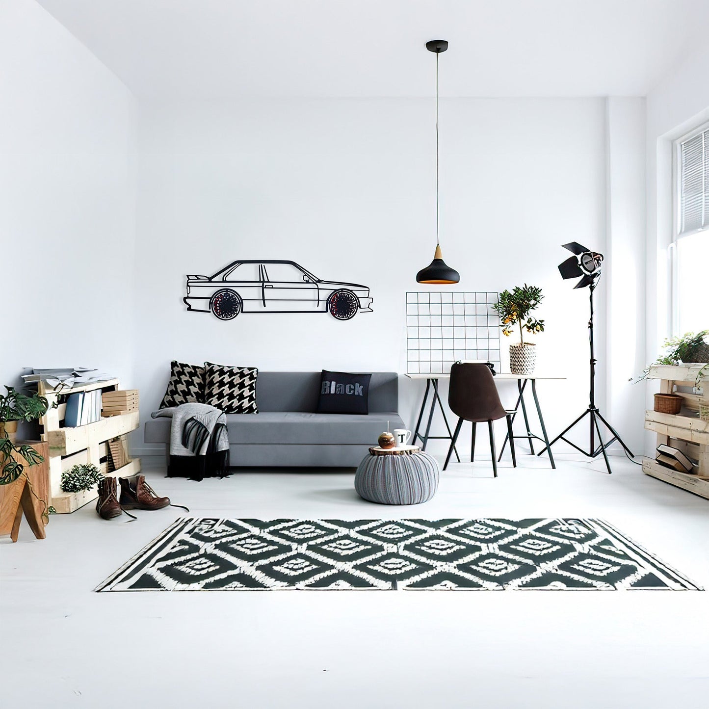 E30 M3 Wall Art – Classic Steel Silhouette with Spinning Wheels -KAFMEKA013