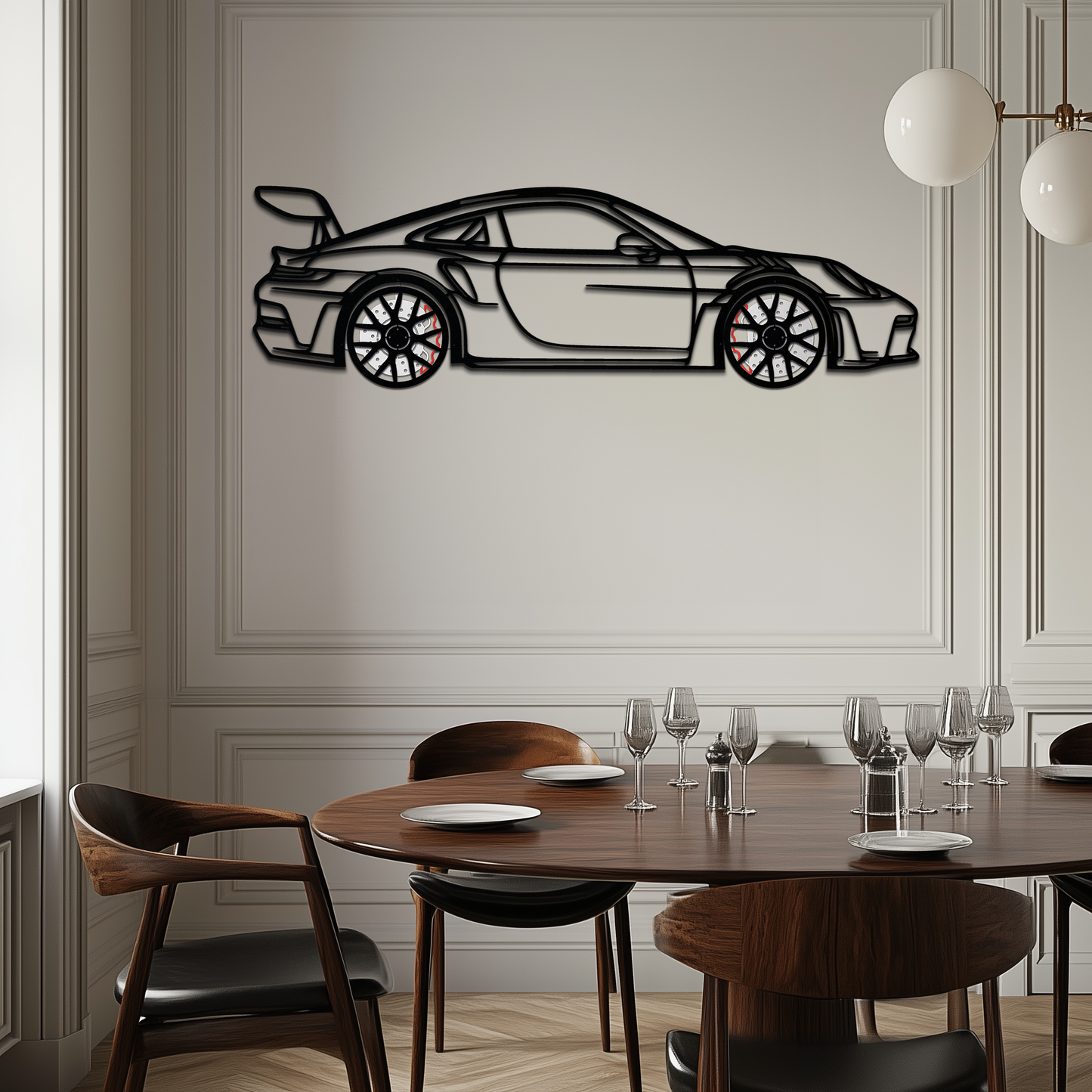GT3 RS Style Metal Wall Art – Rotating Wheel Car Silhouette