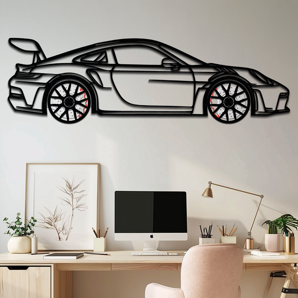 GT3 RS Style Metal Wall Art – Rotating Wheel Car Silhouette