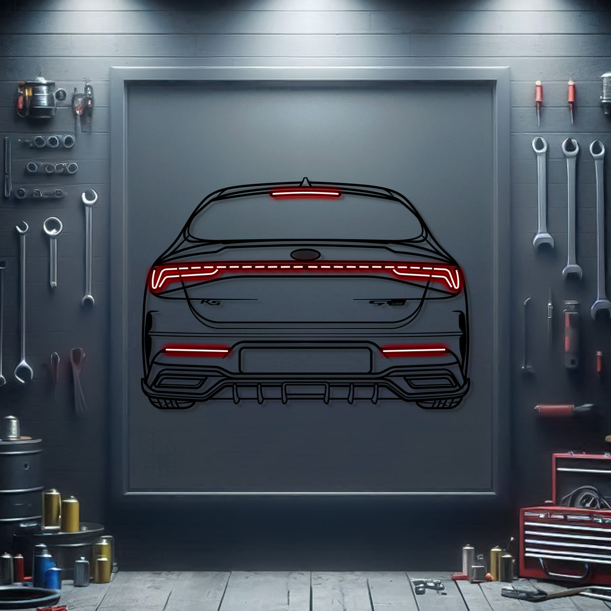 Kia K5 GT Line rear silhouette neon wall art – ready-to-hang performance sedan décor for garage, office, or living room
