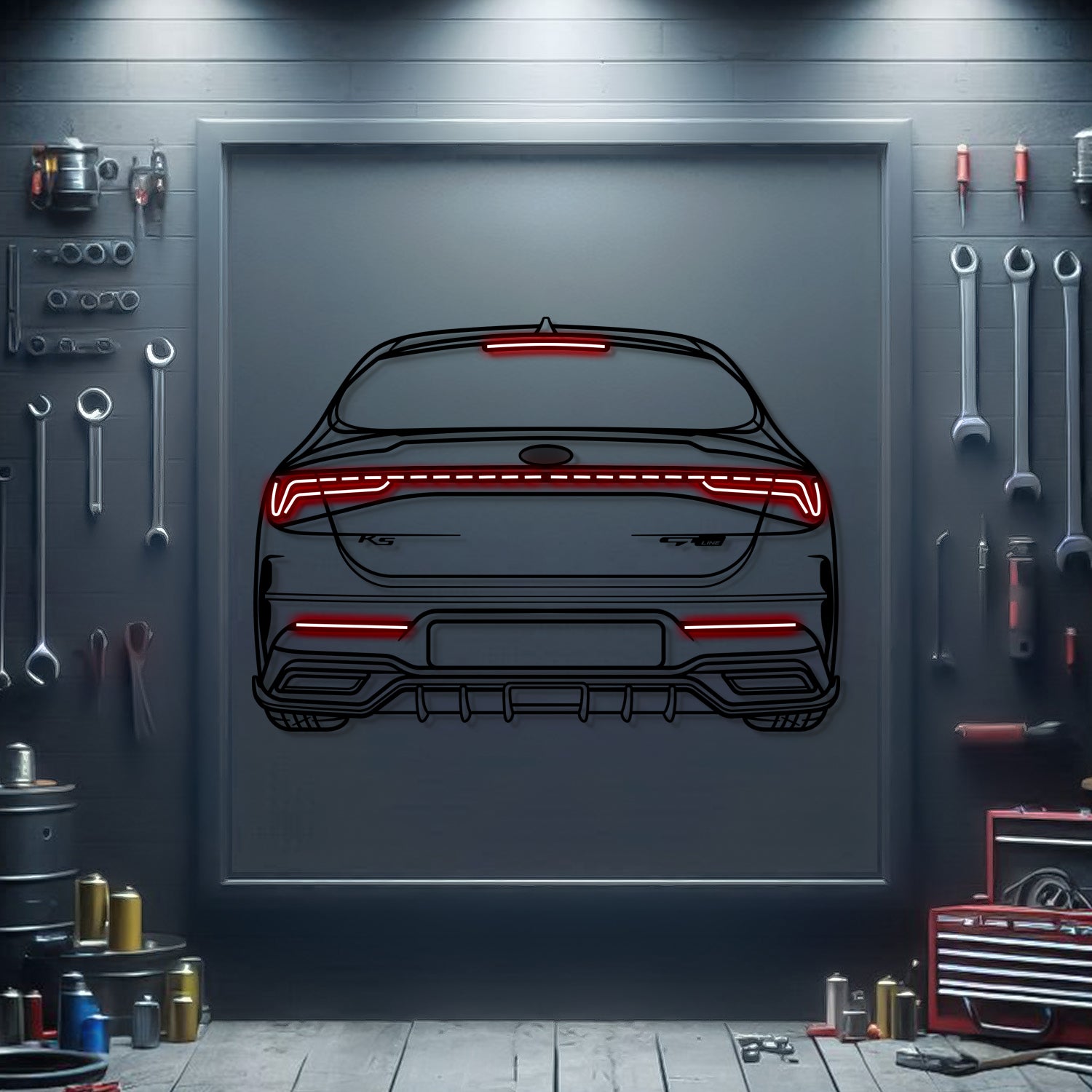 Kia K5 GT Line rear silhouette neon wall art – ready-to-hang performance sedan décor for garage, office, or living room