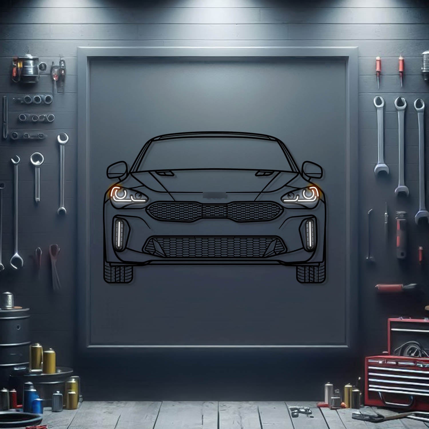 2019 Kia Stinger GT front view metal neon car wall art – laser‑cut steel décor for sports sedan fans