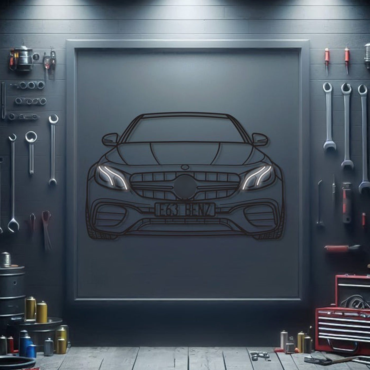 Mercedes‑Benz E63 (2018) front neon metal wall decor – elevation screws lift piece 1 cm off wall for 3D effect