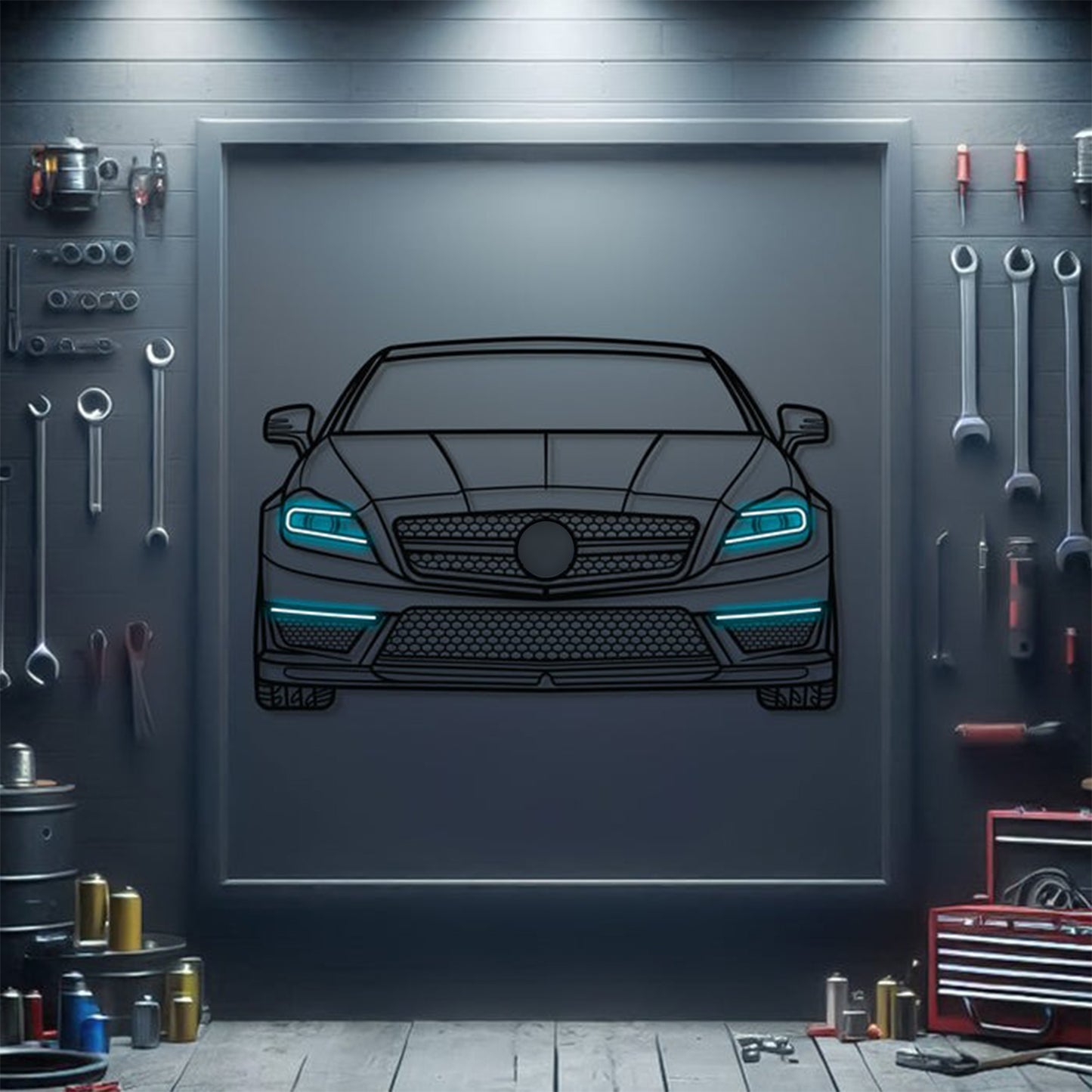 Mercedes-Benz CLS 63 AMG front neon metal wall decor – elevation screws create 1 cm floating 3D effect