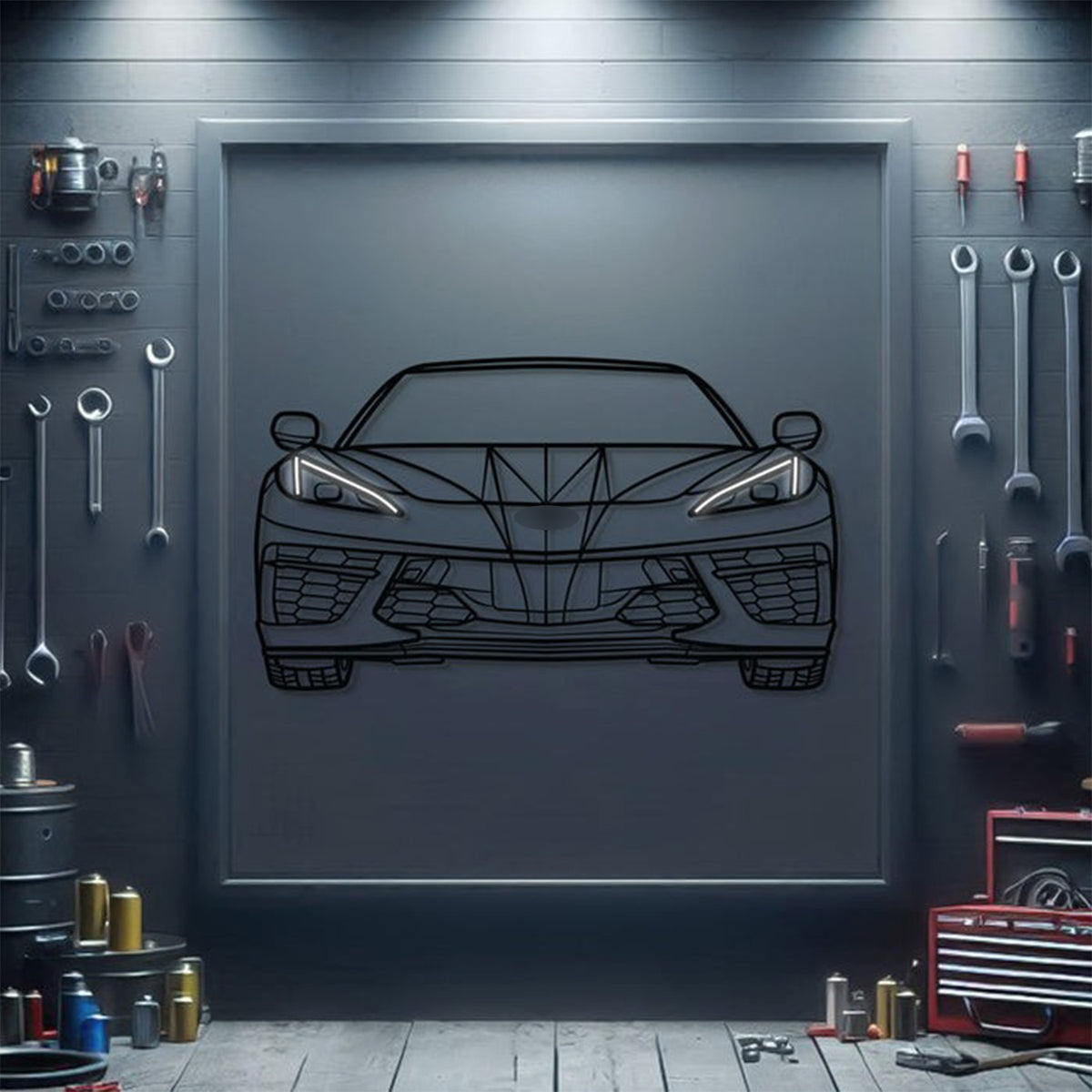 Corvette C8 front neon metal wall decor – elevation screws create 1 cm 3D floating effect on your wall