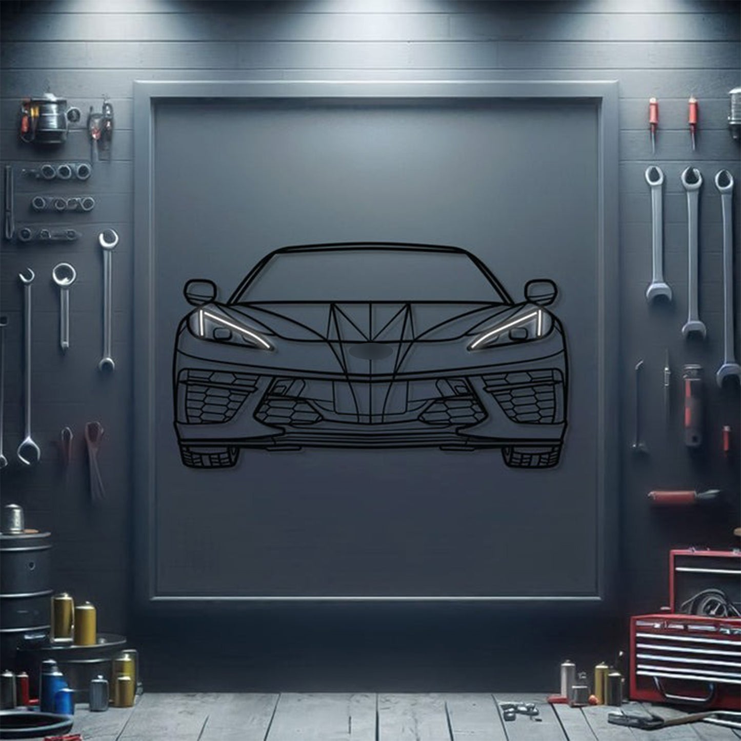 Corvette C8 front neon metal wall decor – elevation screws create 1 cm 3D floating effect on your wall