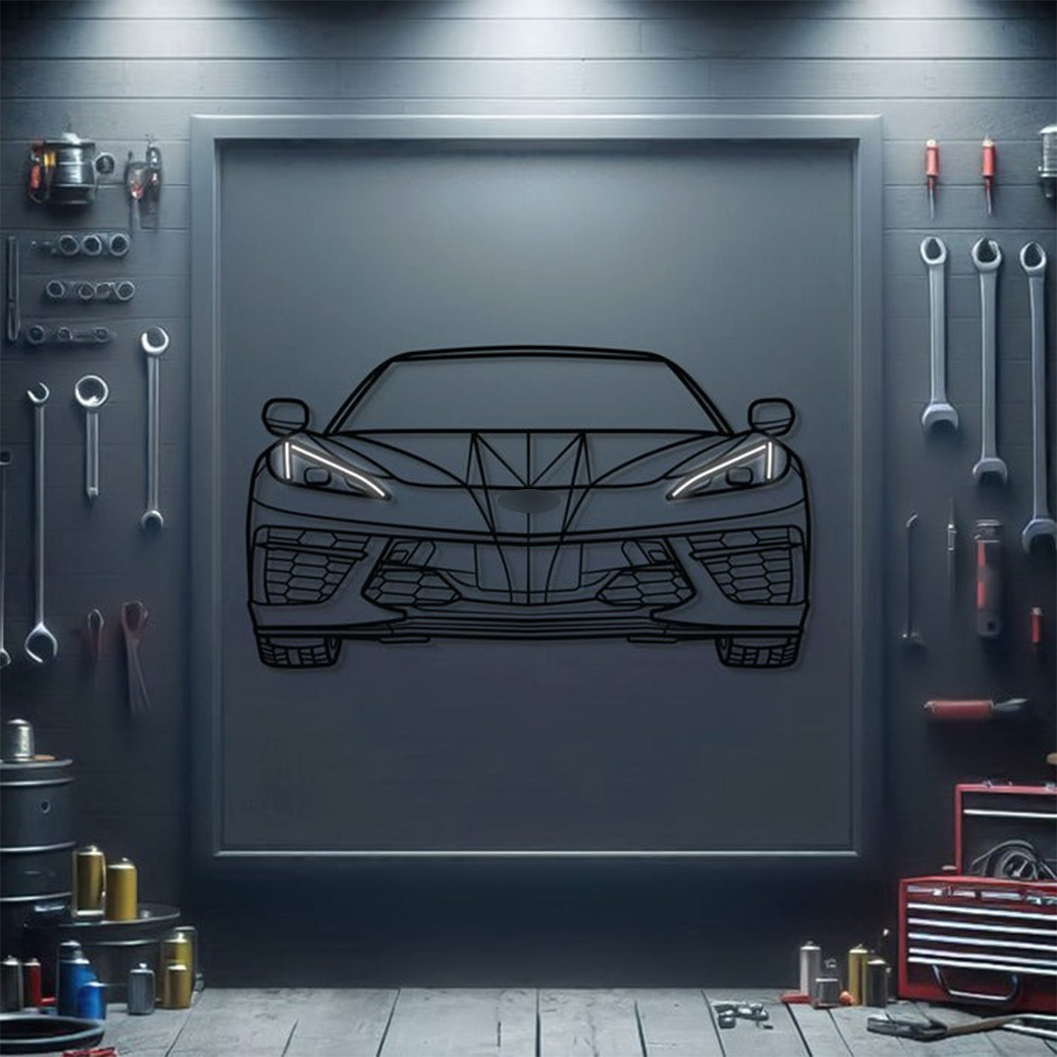 Corvette C8 front neon metal wall decor – elevation screws create 1 cm 3D floating effect on your wall