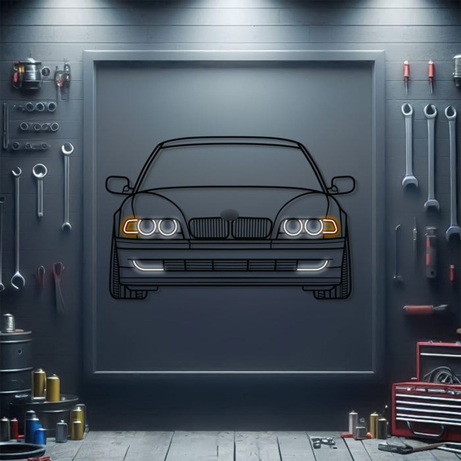 BMW E38 front view metal neon wall art – CNC laser‑cut textured powder‑coated steel with 3D effect