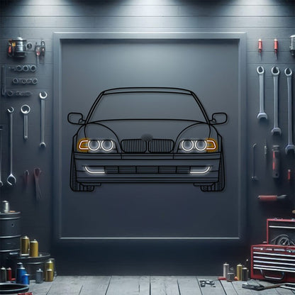BMW E38 front view metal neon wall art – CNC laser‑cut textured powder‑coated steel with 3D effect