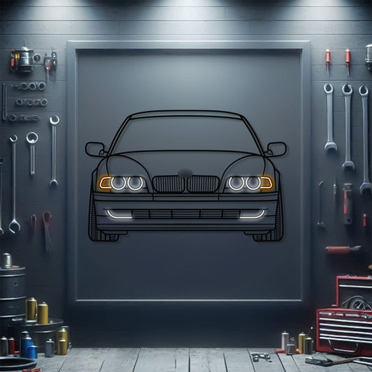 BMW E38 front view metal neon wall art – CNC laser‑cut textured powder‑coated steel with 3D effect